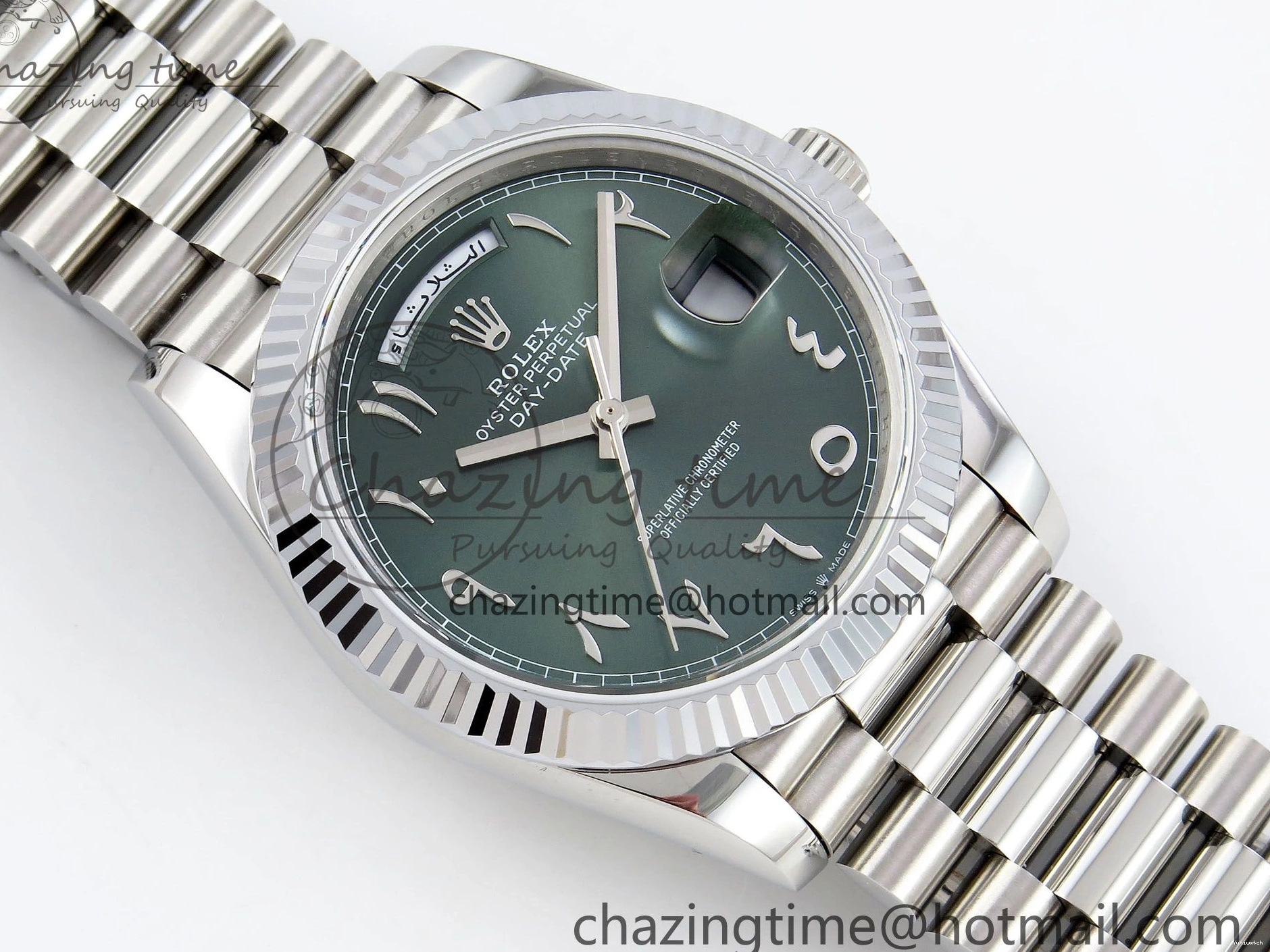 904L VR3255 DayDate SS President Green on Steel (Gain 40 Arabic Dial Weight) JDF Bracelet V3 0304